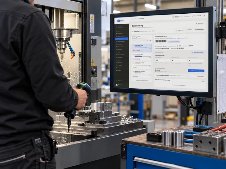 Mitarbeiter scannt einen Auftrag an der Maschine, der Monitor zeigt die Rückmeldung der Werksplattform mit Auftragsliste und Mengeneingabe